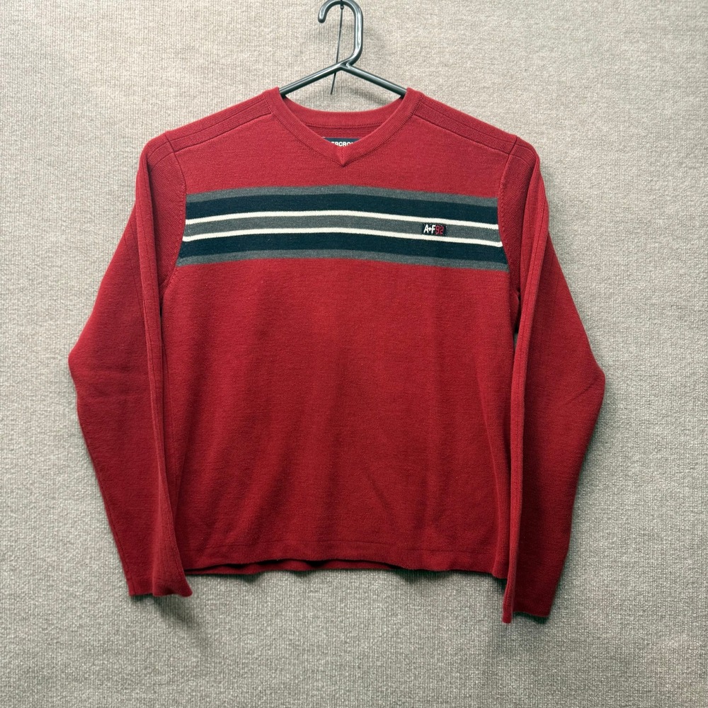 Abercrombie & Fitch Mens XL Red V-Neck Striped Knit Sweater A+F 92 Logo